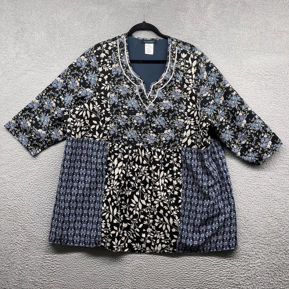 Ulla Popken Womens Blouse Blue Floral Rhinestone 3/4 Sleeve V-Neck Size 20